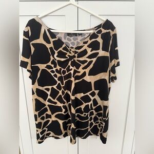Nina Leonard Black and Tan Giraffe Print Blouse